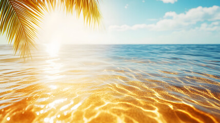 Sun Setting Over the Ocean with a Palm Leaf