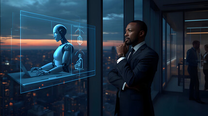 Pensive businessman views office window city lights. He contemplates artificial intelligence future robotics. Humanoid robot hologram symbolizes innovation automation data. Projects technological