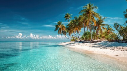 Beautiful tropical beach scene with palm trees and clear blue water under a sunny sky in a serene coastal paradise
