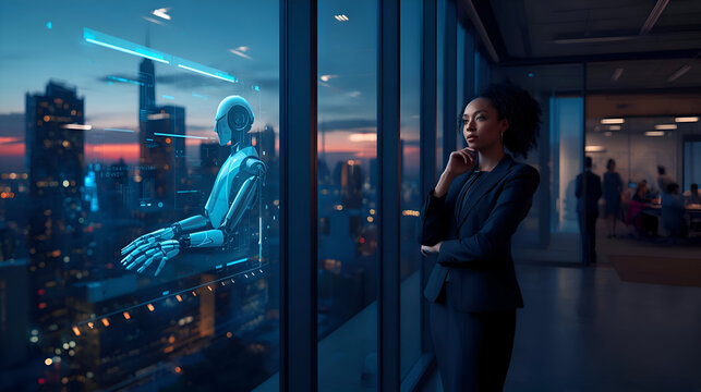 Thoughtful businesswoman observes futuristic city skyline from modern office window. glowing artificial intelligence robot projection stands beside her, symbolizing advanced technology