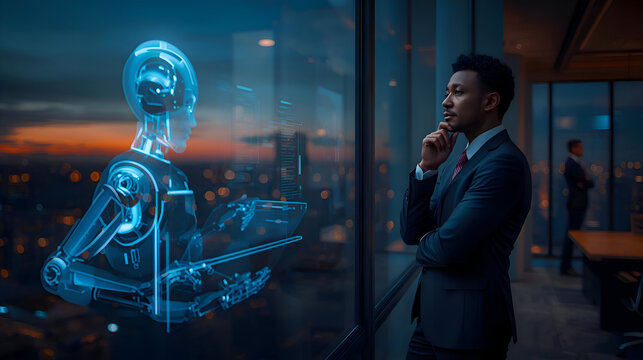 Thoughtful businessman and sleek humanoid robot observe city skyline from modern office at dusk. Their pensive contemplation highlights future of artificial intelligence and innovation