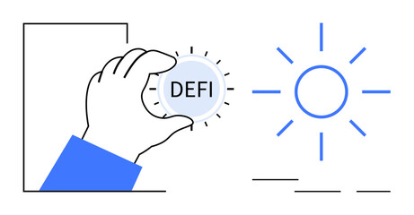 Hand holding circular DeFi coin next to a radiant sun figure, representing growth, decentralization, technology, innovation, cryptocurrency, blockchain, and sustainability in a simple flat metaphor