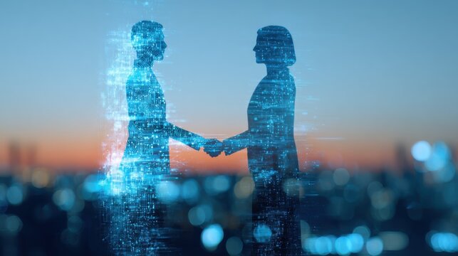 Business professionals engage in a handshake with a digital city skyline in the background during twilight hours in a modern urban setting