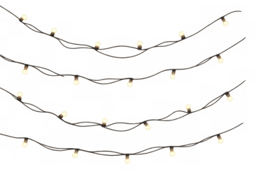 Warm glowing string lights creating festive party decoration, isolated on transparent background for easy use