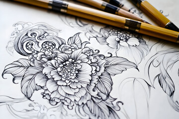 Detailed Black and White Pencil Drawing of a Peony Flower