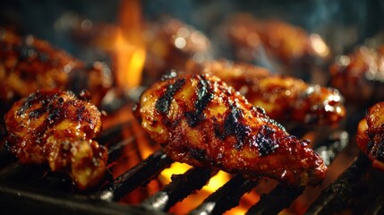 Grill sizzles with juicy chicken wings during a summer barbecue in the backyard at sunset
