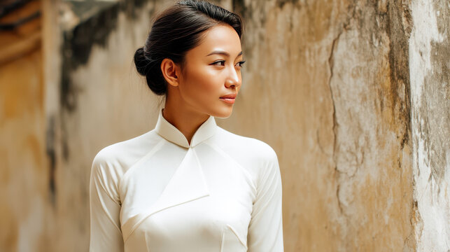 Graceful woman in elegant white ao dai against old textured wall, traditional Vietnamese fashion portrait