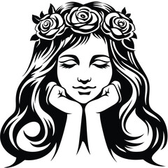 Serene woman rests head in hands with rose flower crown in black monochrome