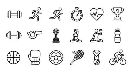 Sports and fitness icons in a simple outlined style collection