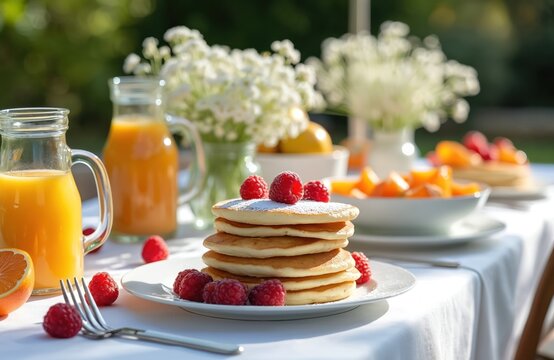 Outdoor table set with pancakes, berries, orange juice, and flowers. Enjoy a delightful spring or summer meal with family and friends. Perfect for festive occasions and backyard gatherings.