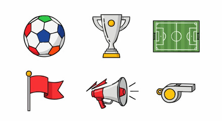 Sports Icons Soccer, Trophy, Field, Flag, Megaphone, and Whistle