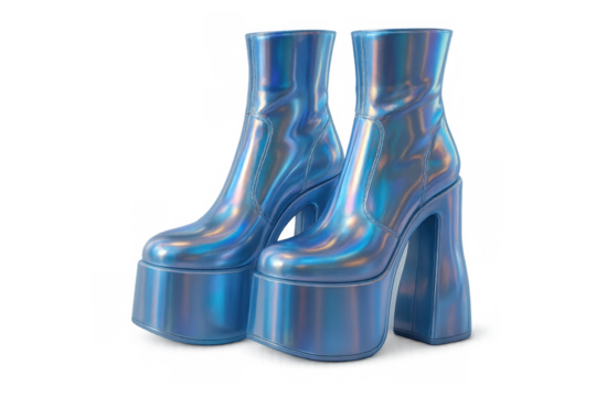 Holographic platform boots representing disco fashion, retro style, and futuristic footwear on transparent background