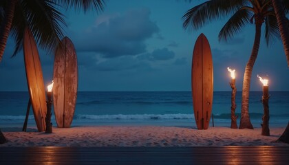 Surfboards stand on sandy beach at dusk with ocean waves. Tiki torches burn near palm trees. Wooden deck floor reflects warm firelight. Tropical paradise evening setting.