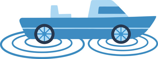 Futuristic amphibious car driving on water with ripples