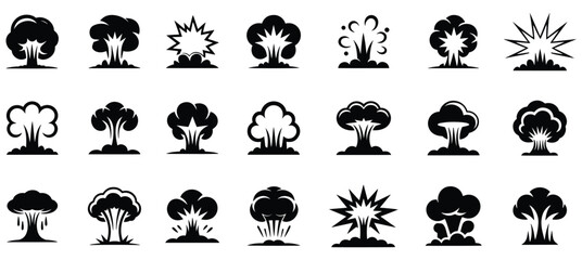 Explosions and mushroom cloud silhouette icons, Explosion Icon Set - Bomb and Blast Vector, Nuclear explosion mushroom cloud set icon