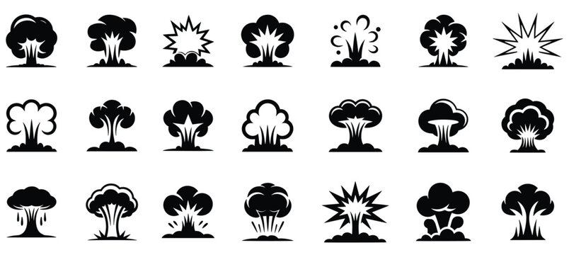Explosions and mushroom cloud silhouette icons, Explosion Icon Set - Bomb and Blast Vector, Nuclear explosion mushroom cloud set icon