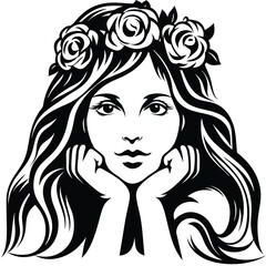 Serene woman rests her chin in her hands while wearing a floral crown