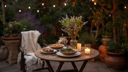 Obraz premium A warm and cozy garden patio at early evening featuring a round wooden table with ceramic dishes, fresh pasta, olive oil, and herbs. Amber string lights glow above the seating area, while terracotta 