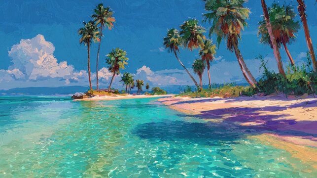 Vibrant tropical beach scene with clear water and swaying palm trees under a bright blue sky on a sunny day