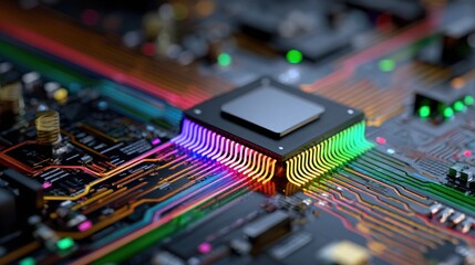 Colorful LED lights illuminate a computer circuit board featuring a modern microprocessor during a close-up shot showcasing technology and design