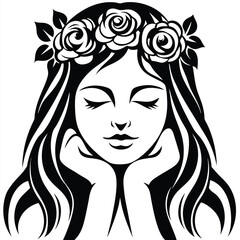 Serene woman with long hair and rose crown rests chin on her hands