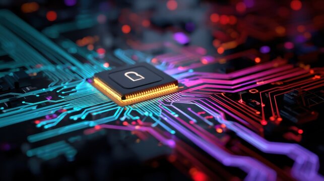 Close-up view of a computer circuit board featuring a secure lock symbol highlighting cybersecurity technology in a digital landscape