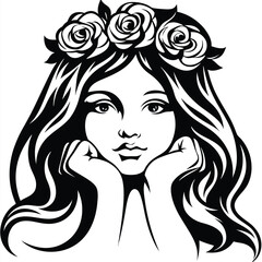 Serene woman with long wavy hair and rose crown rests her chin on her hands