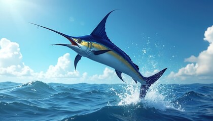 Fototapeta premium Marlin jumps out of water in open sea. Blue sky background with soft clouds. Illustration shows game fishing sport with action in nature marine wildlife. Marine life predator hunts in ocean waters.