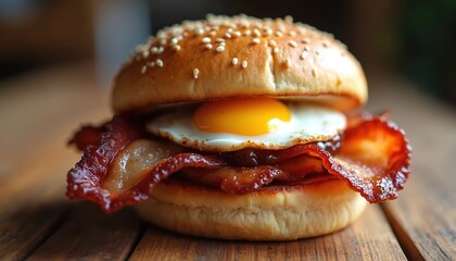Crispy bacon and fried egg sandwich on soft bun. Savoury meat and runny yolk create classic breakfast meal. Tasty comfort food often eaten in UK.