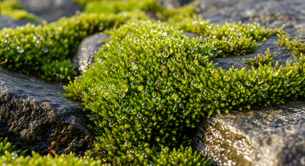 Close up view of vibrant green moss growing on stone surface.