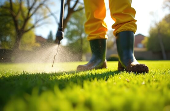 Worker in yellow pants and boots sprays liquid on green lawn. Person applies lawn fertilizer or weed killer for grass care. Professional service for healthy yard in sunny weather. Homeowner treatment.