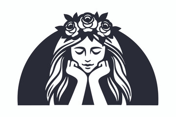 Serene woman with roses wreath rests her head in hands against a dark background