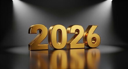 Grand New Year 2026 background with 3D metallic gold text under dramatic dual spotlights on a textured stage