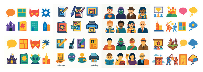 Fototapeta premium Colorful icons of superheroes and people
