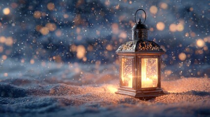 Lantern glowing warmly in the snow on a winter evening with softly falling snowflakes all around