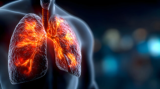 Red Lungs Anatomy with Glowing Bronchi Against Dark Blue Bokeh