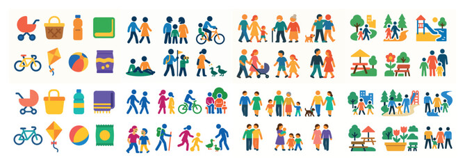 Diverse families and activities in colorful icons