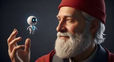Fototapeta premium Futuristic elder contemplates cutting-edge technology with floating robot companion by his side today