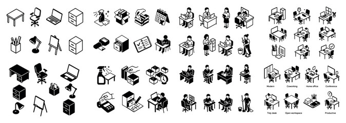 Fototapeta premium Isometric office elements and working people