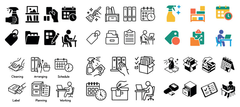 Office icons collection: planning, cleaning, organizing