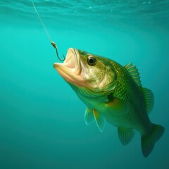A fish is in the water with a hook in its mouth