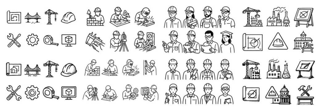 Construction worker icons and engineering equipment