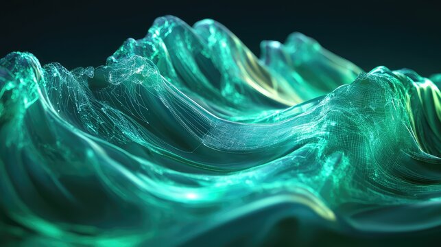 Digital data network displaying flowing green liquid waves