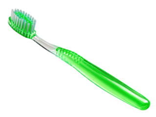 Green toothbrush with transparent handle, designed for effective dental hygiene, showcasing its bristles and ergonomic shape