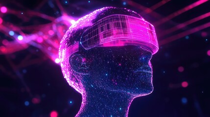 Humanoid avatar wearing virtual reality headset exploring metaverse digital future