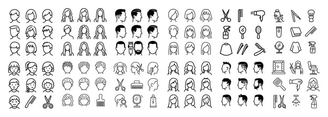 Hairdressing icons and hairstyles set