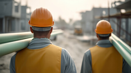 Two construction worker wearing orange safety helmet and vest carry green pipe on shoulder at building site, teamwork and focus