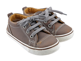 Brown leather shoes with gray laces, stylish design, suitable for children, comfortable fit, casual wear, durable material