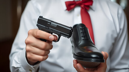 Gun and Shoe: a person in formal attire, holding a handgun next to their shoe, creating a high-stakes scenario.