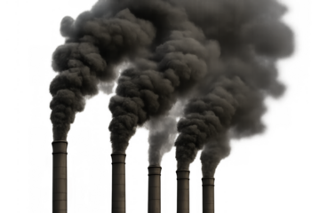 Industrial smokestacks emitting thick black smoke causing air pollution and environmental damage, transparent background